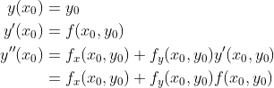 \begin{align*} y(x_0)&=y_0\\ y'(x_0)&=f(x_0,y_0)\\ y''(x_0)&=f_x(x_0,y_0)+f_y(x_0,y_0)y'(x_0,y_0)\\ &= f_x(x_0,y_0)+f_y(x_0,y_0)f(x_0,y_0) \end{align*}